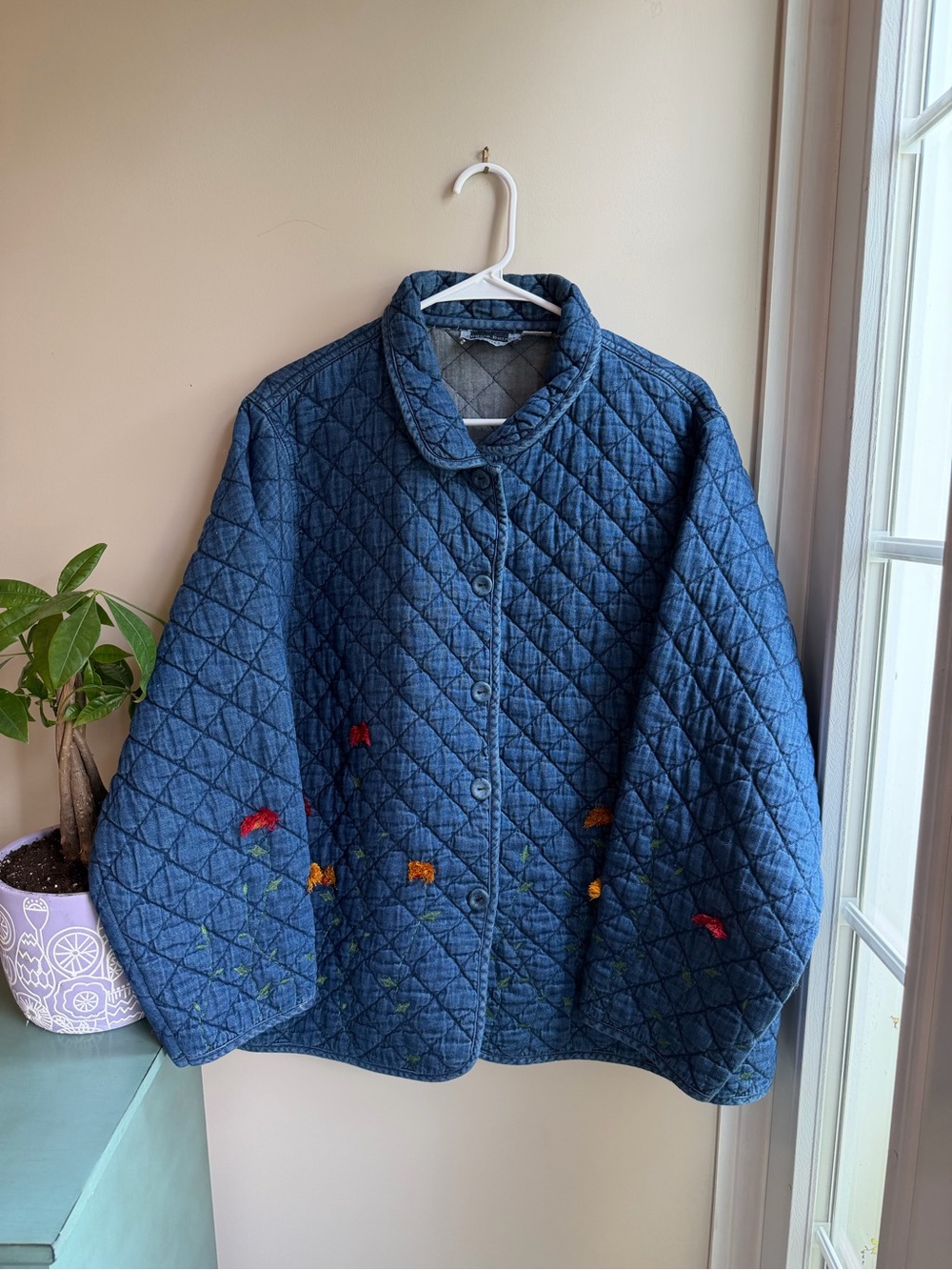 Blue Quilted Jacket w/ Floral Embroidery Cottagecore Vintage Style size 24WP